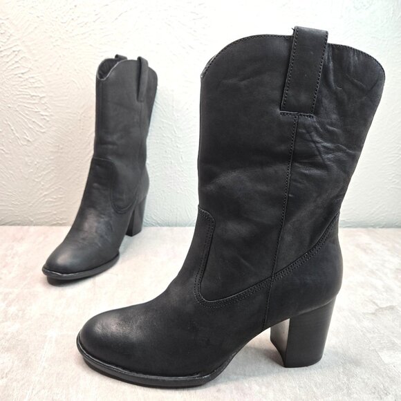 Born Shoes - Born Crown Western Boots Sz 10 Black Leather Block Heel Cowgirl Pull On Midcalf